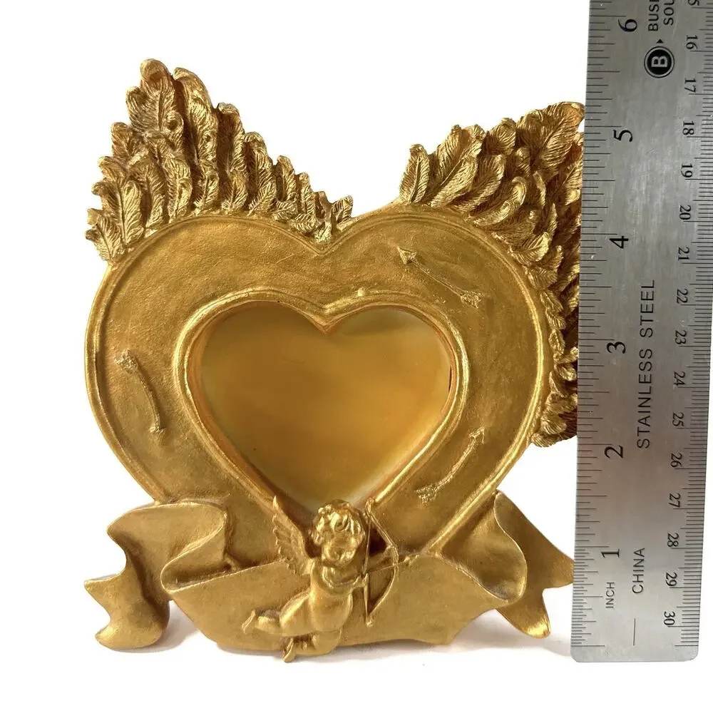 Vintage Gold Cherub Heart Picture Frame Winged Angel 2.5x3 Photo
